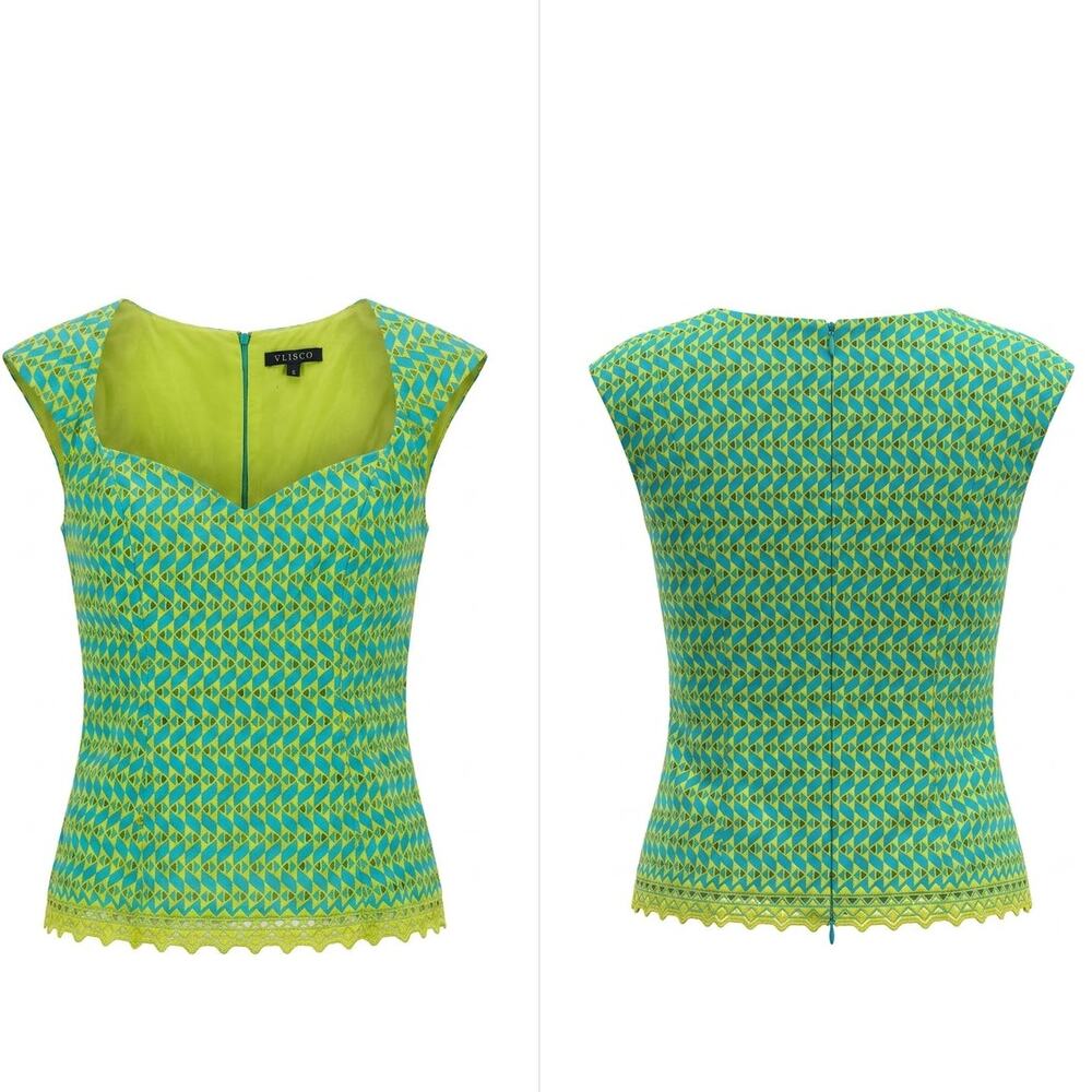 Vlisco Green Lace Trim Sweetheart Neck Lined Top Women Size S